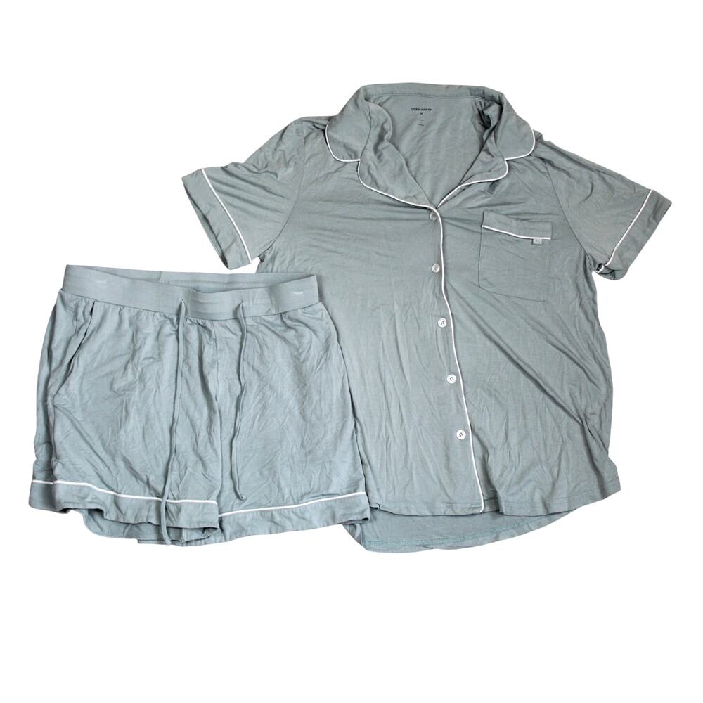 Women's Sage Short Sleeve Summer Pajama Set with White Piping